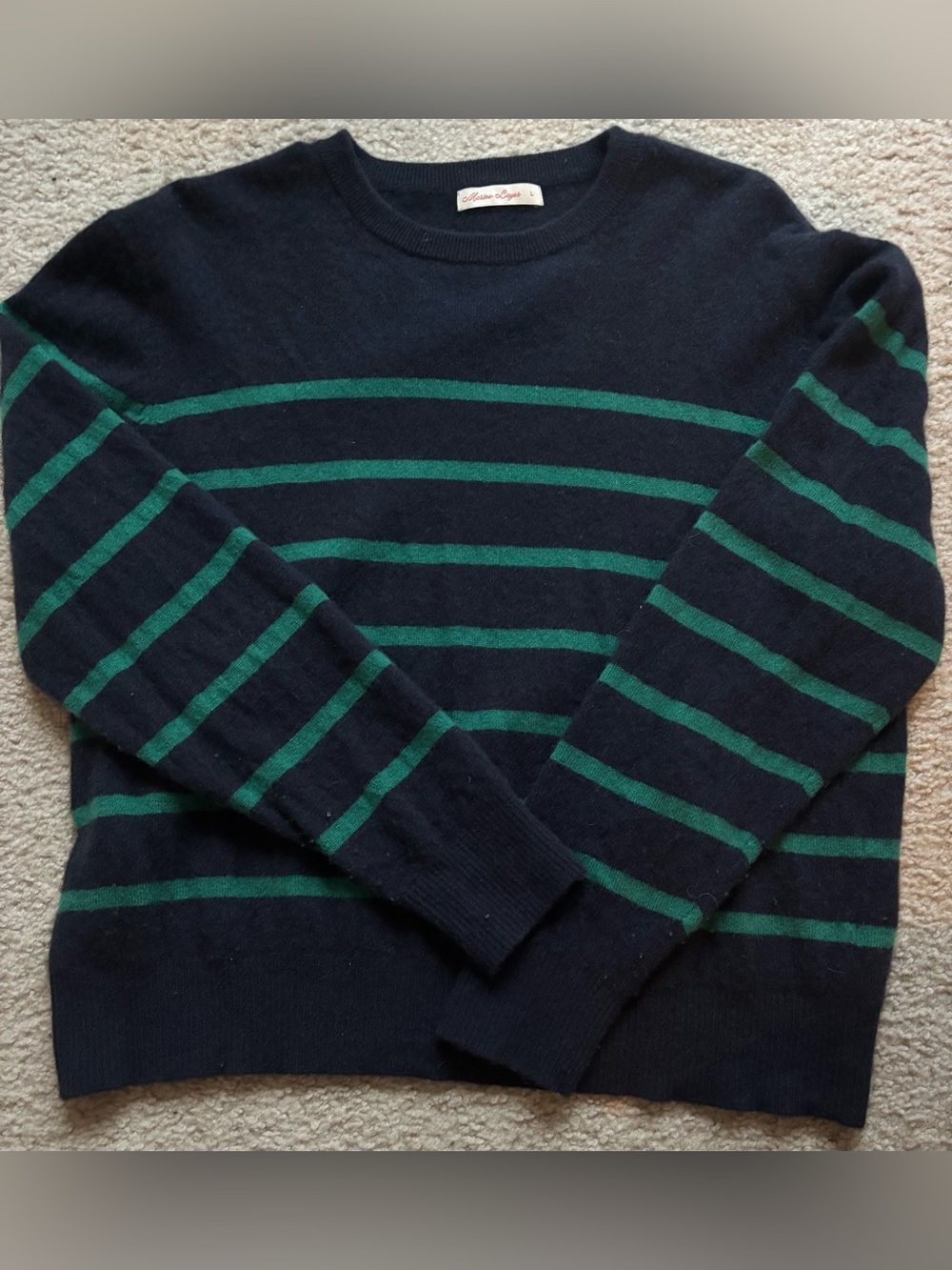 Marine Layer Navy and Green Striped Crewneck Sweater